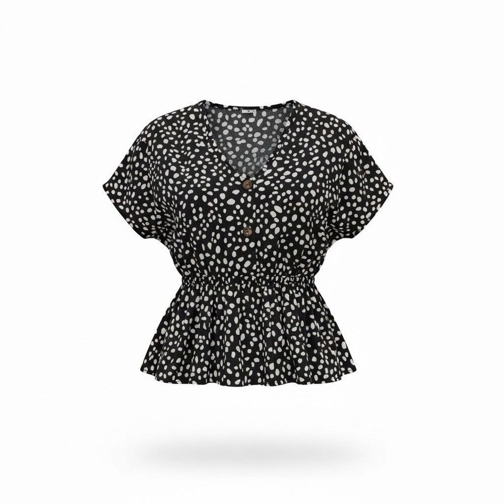 Face Kisses Black White Spotted Blouse Women’s Size M